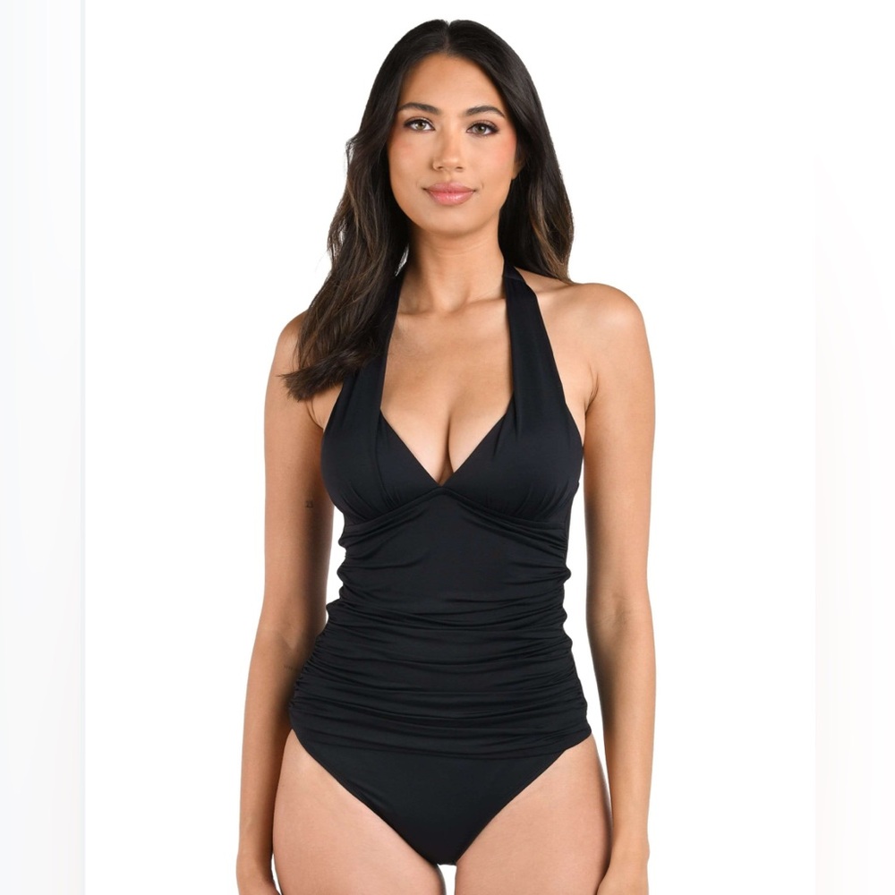 La Blanca Black Halter Tankini Swimsuit Top Ruched Padded Supportive‎ size 14
